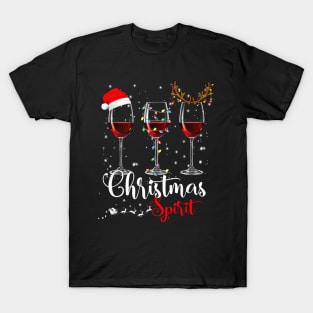 Christmas Spirit Funny Glasses Of Wine Santa Hat Reindeer T-Shirt